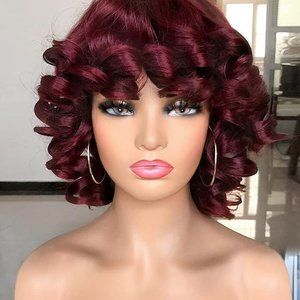 Big Curly Pin Curl Synthetic Wig With Bangs Wine Red Burgandy